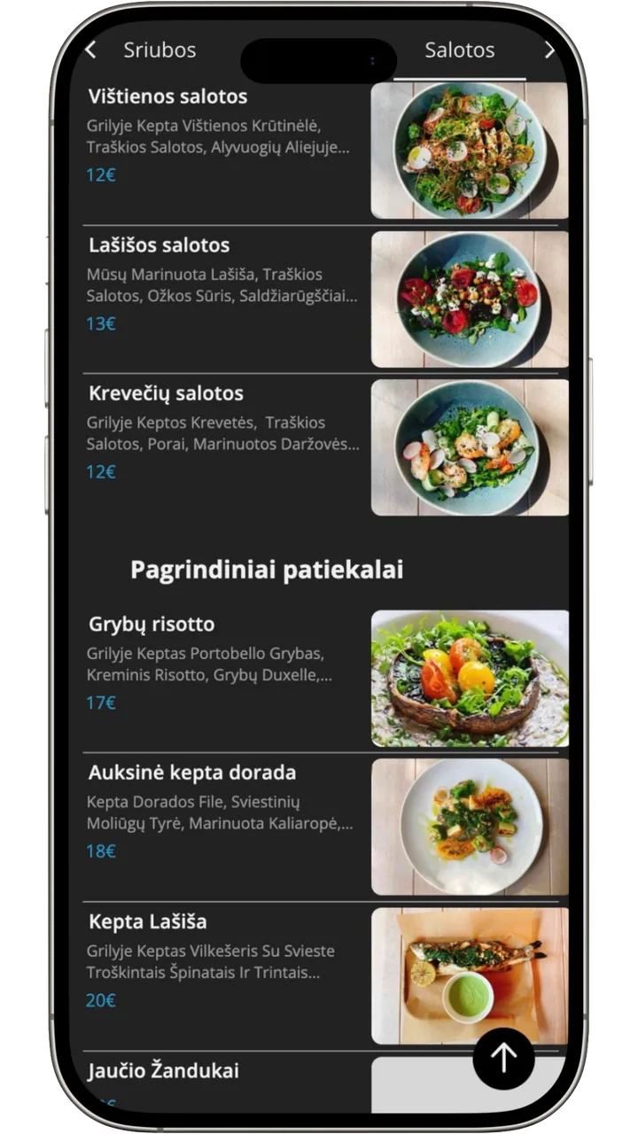 QRandPay on a phone: the venue's menu, opened from a QR code on the table