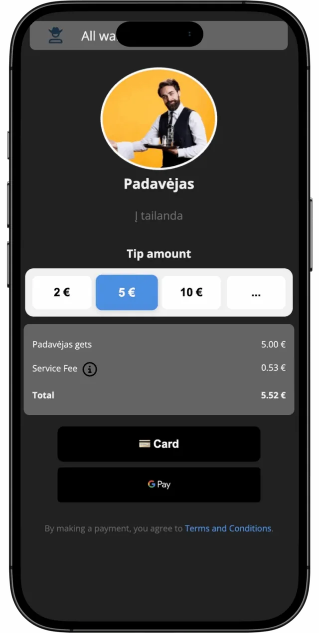 An employee's QRandPay tip page with tip amounts and payment buttons