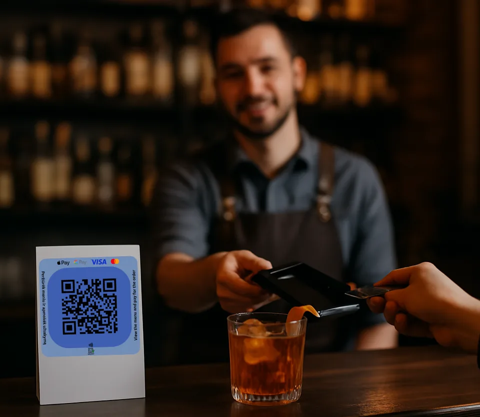 A bartender serving a drink next to a QRandPay stand on the bar