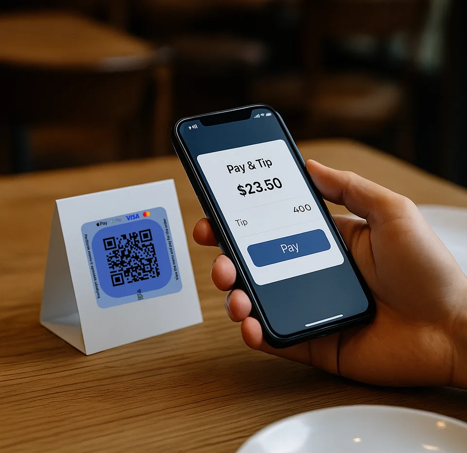 A guest paying the bill with a phone at a restaurant table, next to a QRandPay table stand
