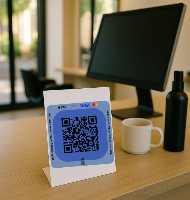 A QRandPay QR stand on a reception desk
